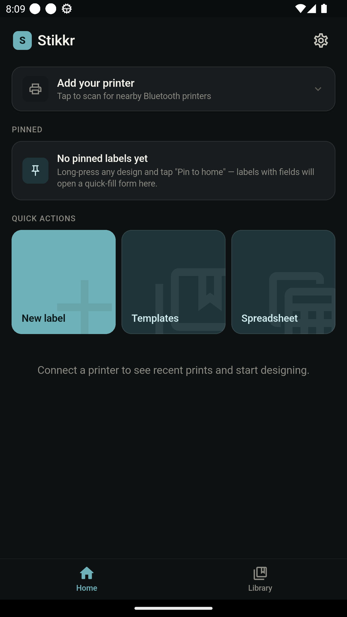 Stikkr home screen showing pinned labels and quick actions