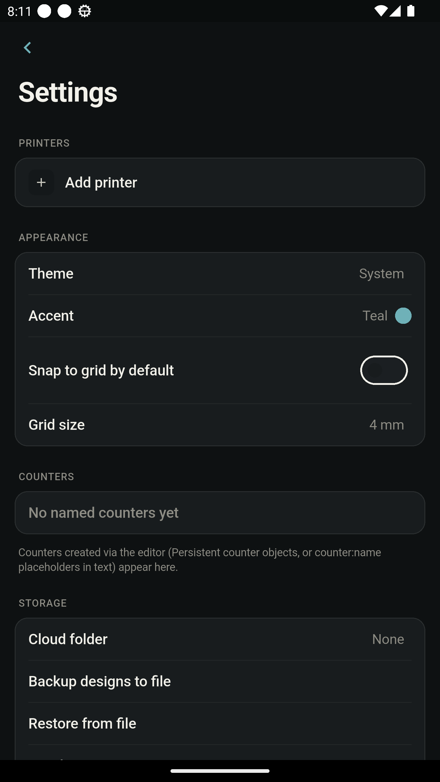 Settings screen